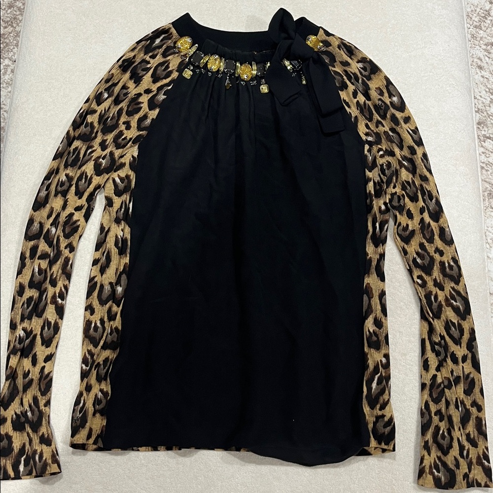 Tory Burch Black Top with Leopard-Print Long Sleeves and Jeweled Neck